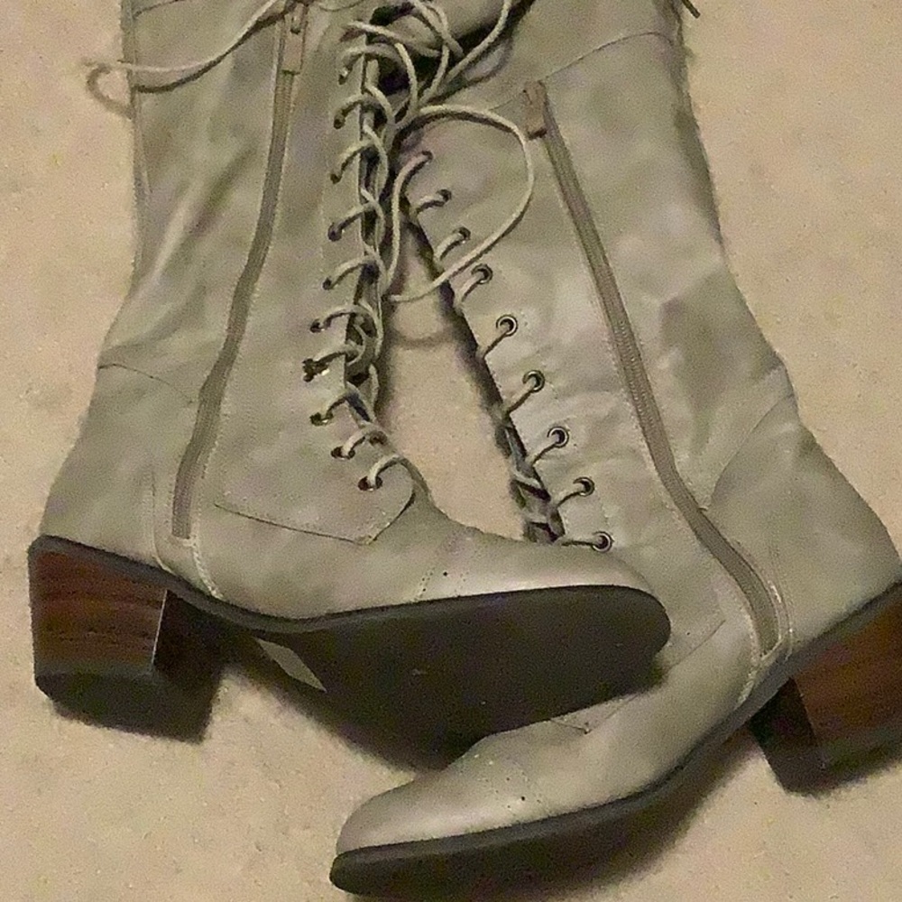Grey womens tall over the knee boots 8.5 zip lace up leather